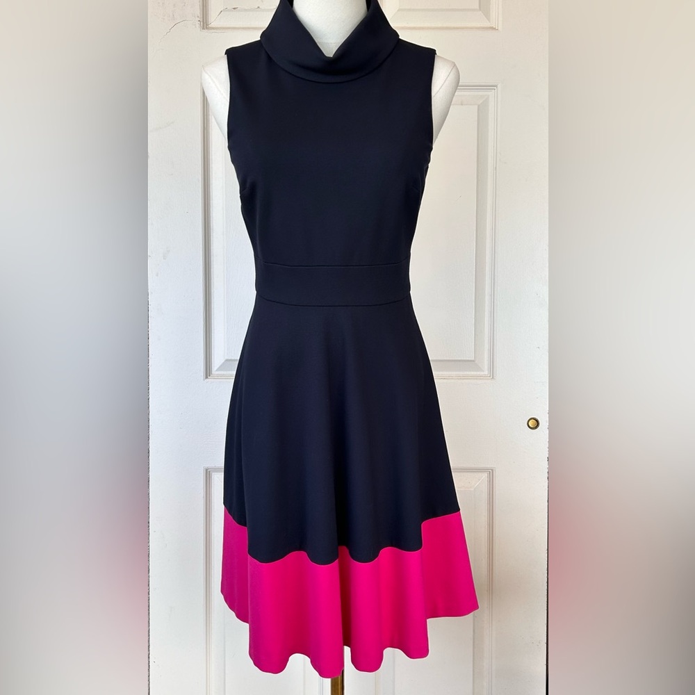 Eliza J Fit & Flare Colorblock Dress Mock Neck Navy Pink Size‎ 2